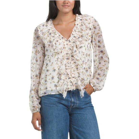 Lush Tops - LUSH Ruffle Front Blouse - Ivory Blue